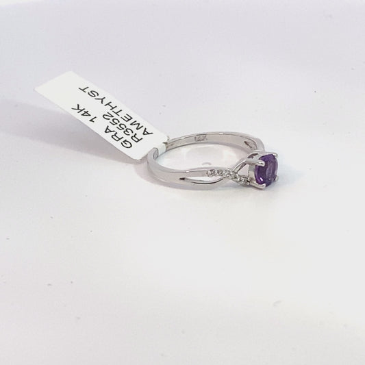 14k white gold genuine amethyst and diamond ring