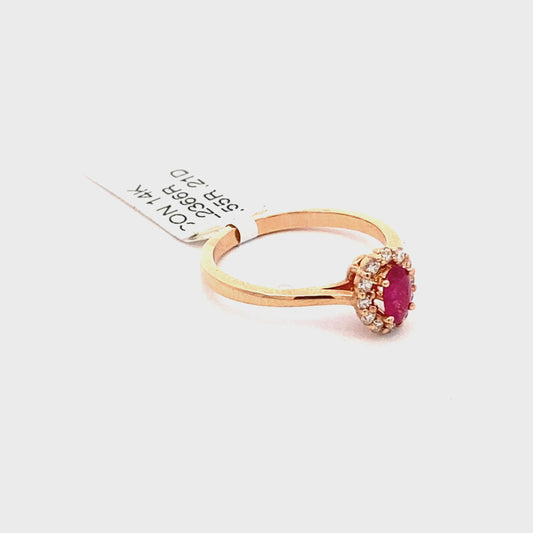 14k rose gold genuine ruby ring with natural diamond halo.