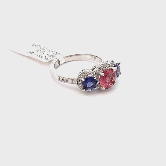 14k white gold genuine iolite, tourmaline, and natural diamond ring