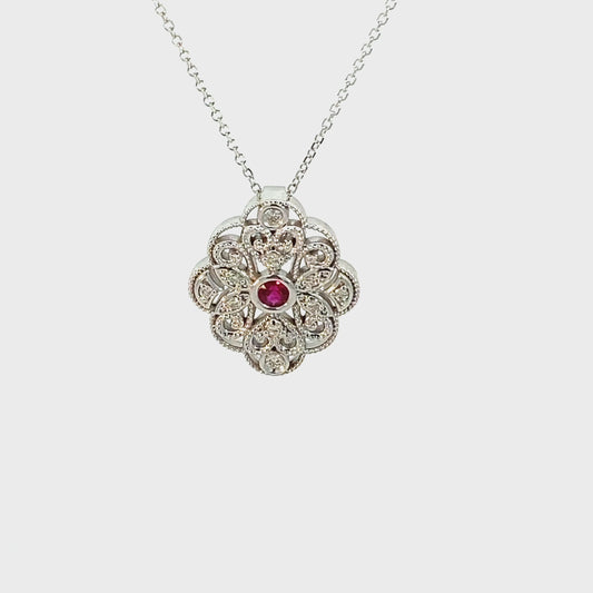 14k white gold genuine ruby and natural diamond filigree pendant